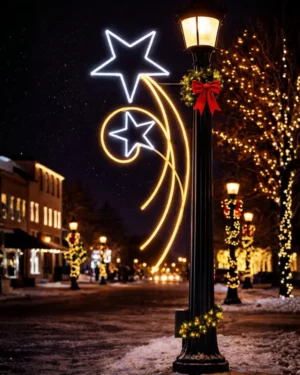 Holiday streetlamp with star lights and wreath