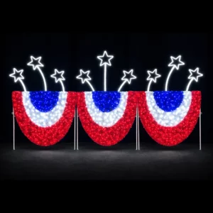 Illuminated red, white, and blue patriotic bunting display