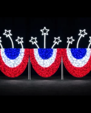 Illuminated red, white, and blue patriotic bunting display