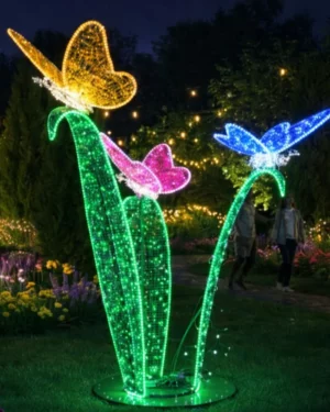 Illuminated butterfly sculptures in a nighttime garden