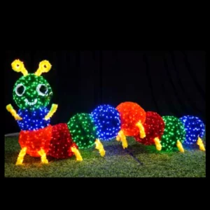 Colorful LED caterpillar decoration glowing at night