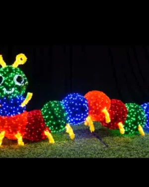Colorful LED caterpillar decoration glowing at night