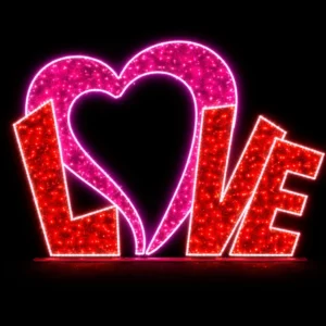 Glittering neon LOVE sign with heart shape