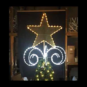 Illuminated star and light display above Christmas tree