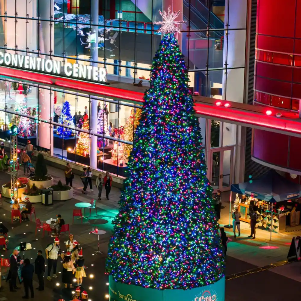 Large illuminated Commercial Christmas tree outside convention center