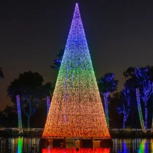 Rainbow-lit Christmas tree by lakeside at night