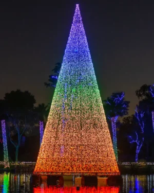 Rainbow-lit Christmas tree by lakeside at night