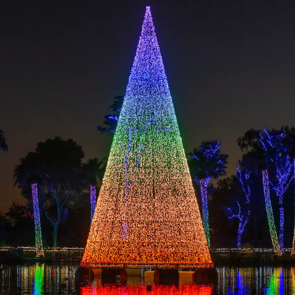 Rainbow-lit Christmas tree by lakeside at night