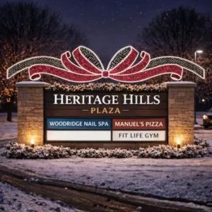 Heritage Hills Plaza sign with holiday lights