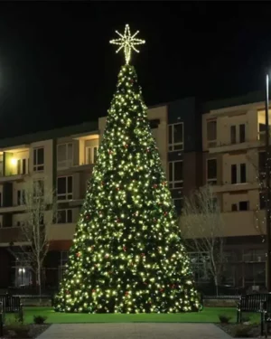 Large illuminated Christmas tree in outdoor plaza at night