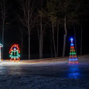 Snowman and led light show Christmas tree at night