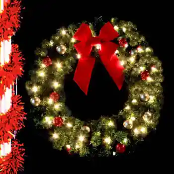 Illuminated Christmas wreath light pole decorations with red bow