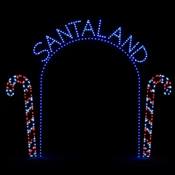 Illuminated Santaland commercial arch decoration with candy cane pillars