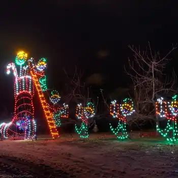 Colorful elf commercial Christmas light display at night