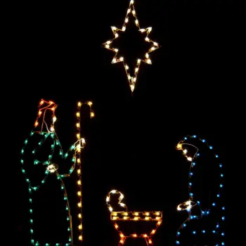 Nativity scene spiritual light display made of colorful Christmas lights
