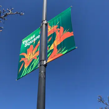 Texas Sage Spring Commercial Street banner with orange flowers on pole