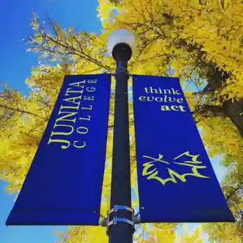 Juniata College Fall Commercial Street banners on lamppost with autumn leaves