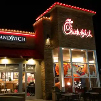 Chick-fil-A restaurant exterior at night lit up with Commercial C9 RGB Lighting