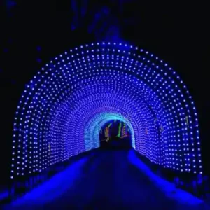 Commercial Christmas RGB light Tunnel lit up in vivid blues and purples on a dark winter night