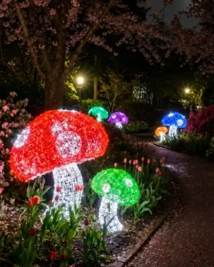 Colorful illuminated commercial mushroom displays in nighttime garden
