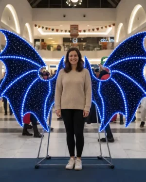 Woman posing with glowing blue bat wings commercial photo op display