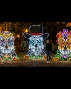 Illuminated Day of the Dead skull commercial light display