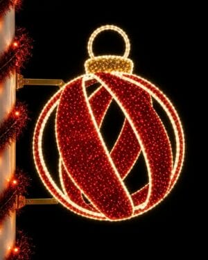 Illuminated red Christmas ornament street decoration at night
