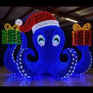 Illuminated octopus wearing Santa hat holding gifts commercial dimensional displays