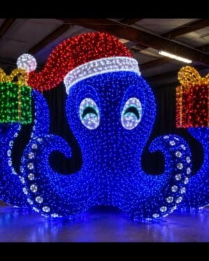 Illuminated octopus wearing Santa hat holding gifts