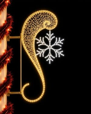 Illuminated holiday street decoration with snowflake at night