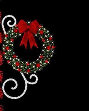Sparkling Christmas wreath with red bow and ornaments