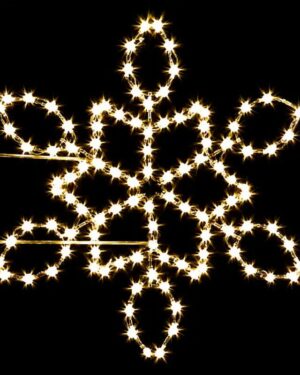 Glowing snowflake holiday lights against black background