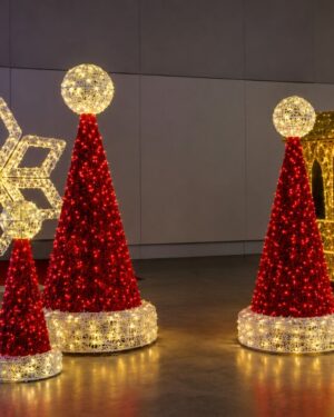 Illuminated red cone Christmas decorations indoors