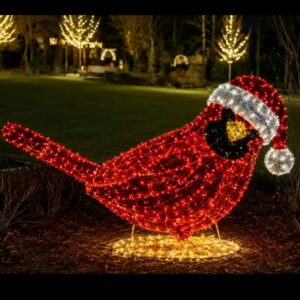 Illuminated red cardinal wearing Santa hat commercial Christmas decor for municipalities