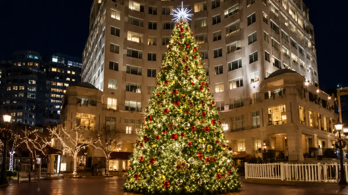 Illuminated Christmas tree in a city plaza at night