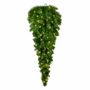 Lit evergreen garland spray on white background