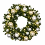 Christmas wreath with silver and gold ornaments and lights