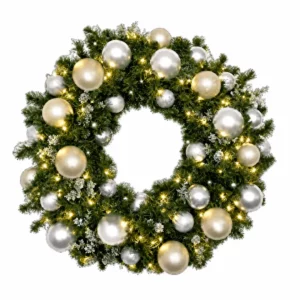 Christmas wreath with silver and gold ornaments and lights