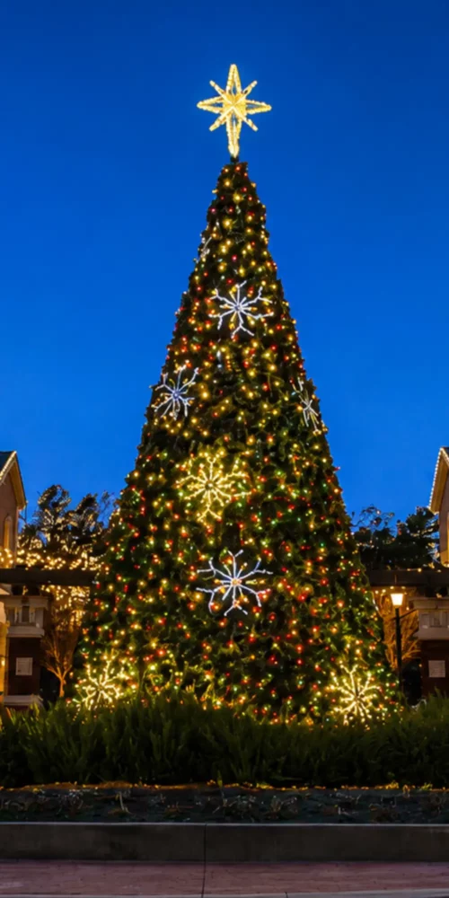 Illuminated Christmas tree with star topper at dusk