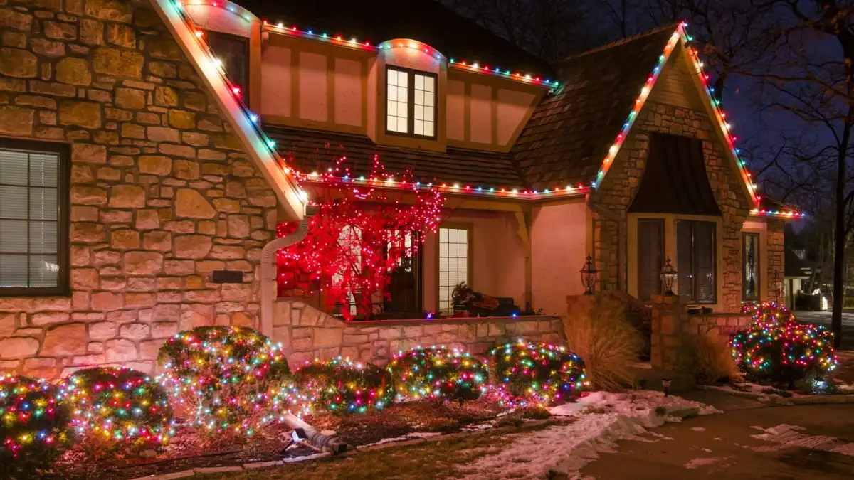House decorated with colorful commercial Christmas lights at night