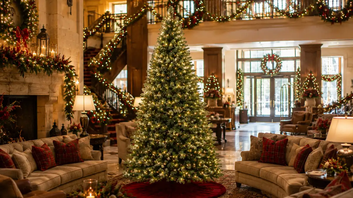 Grand living room decorated with a glowing Christmas tree
