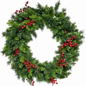 Evergreen Christmas wreath with red berries and pinecones