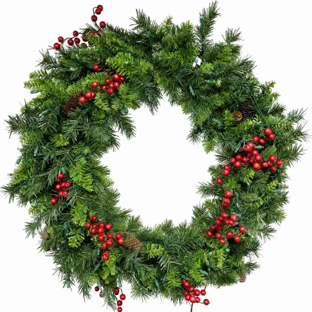Evergreen Christmas wreath with red berries and pinecones