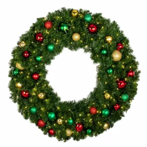 Christmas wreath with colorful ornaments and warm lights