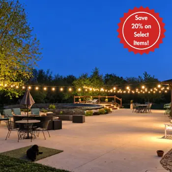 Backyard patio with string lights and sale badge