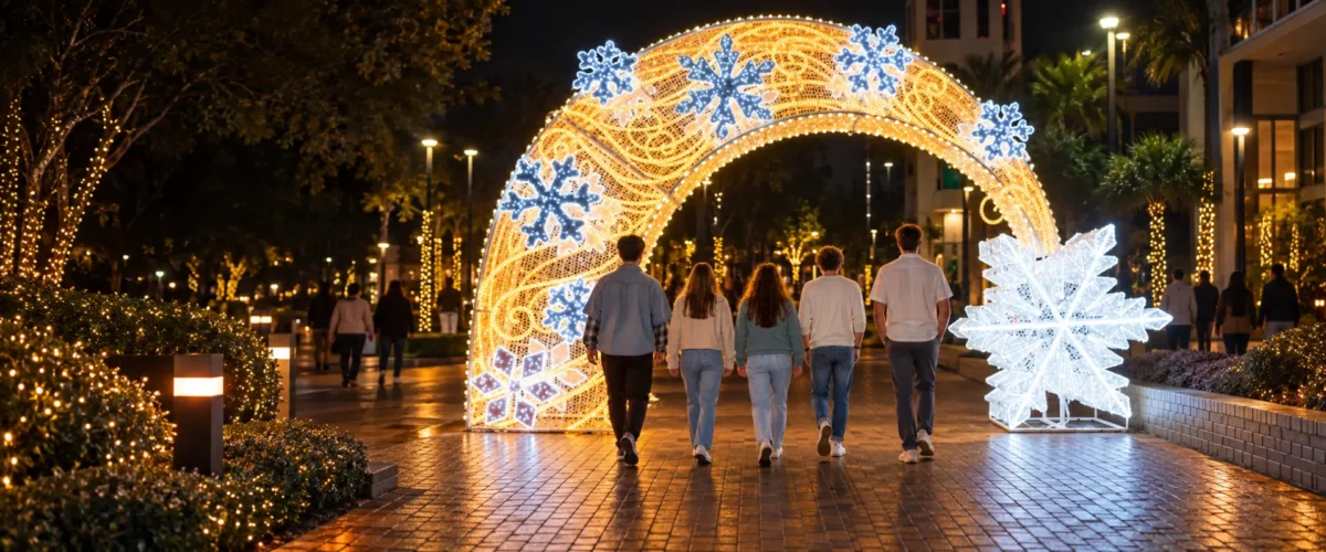 Friends walk beneath glowing snowflake holiday arch at night.