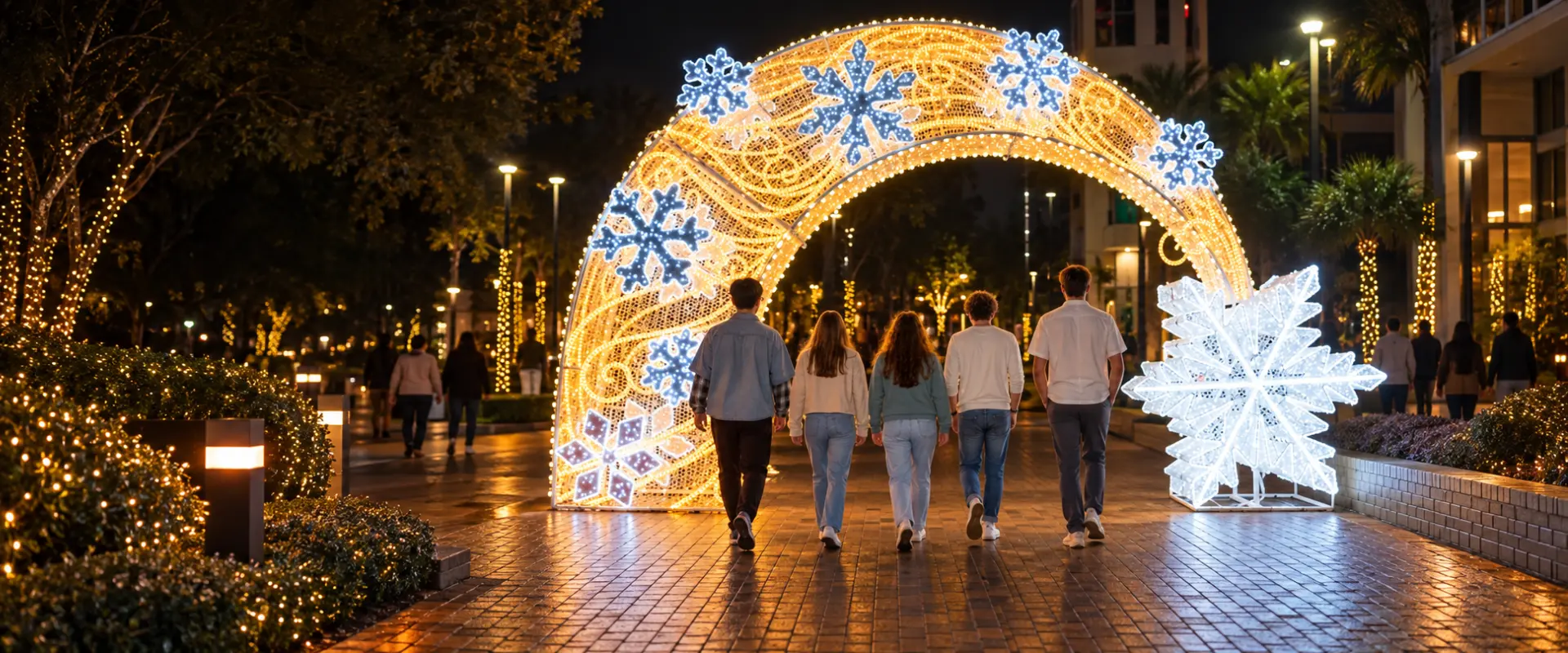 Friends walk beneath glowing snowflake holiday arch at night.