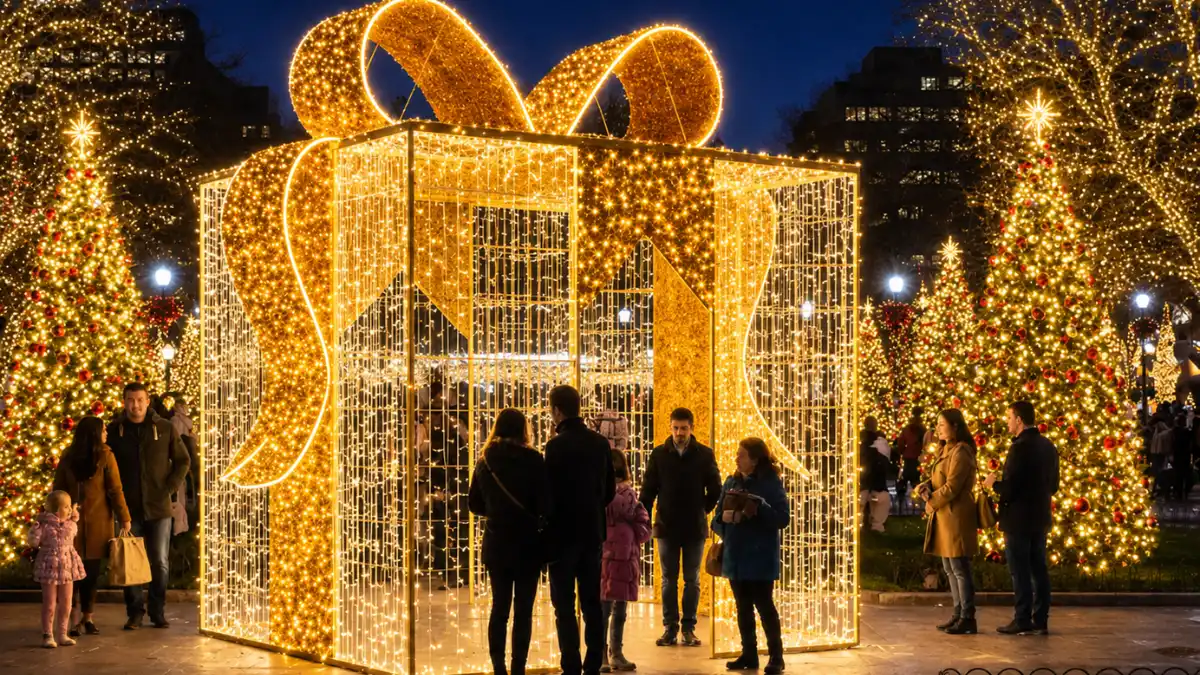 People gather around giant illuminated Christmas gift display