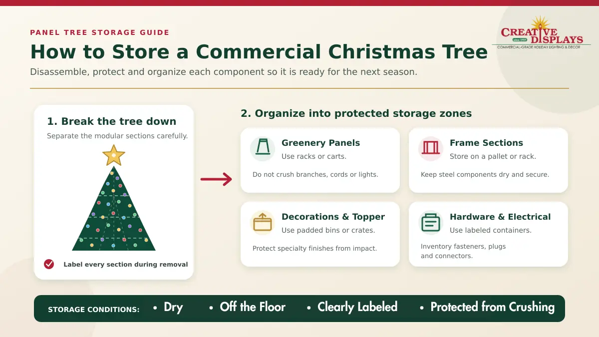Commercial Christmas tree storage guide infographic