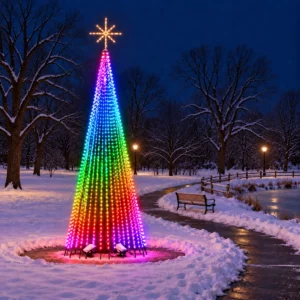 Rainbow-lit Christmas tree in a snowy park at night